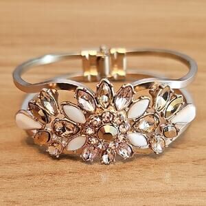 Vintage 1960's Dazzling Floral Goldtone Rhinestone Split Clamper Bling Bracelet